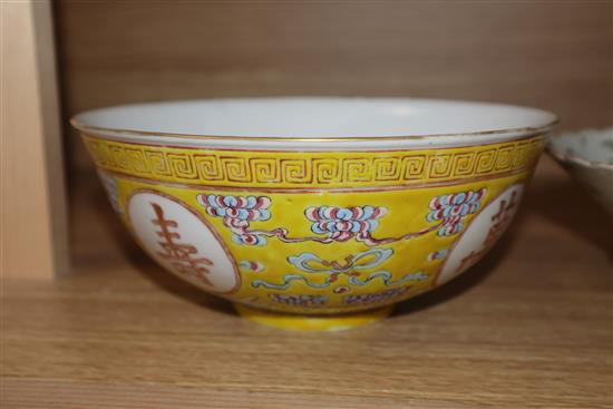 A Chinese yellow ground bowl and another largest diameter 19cm